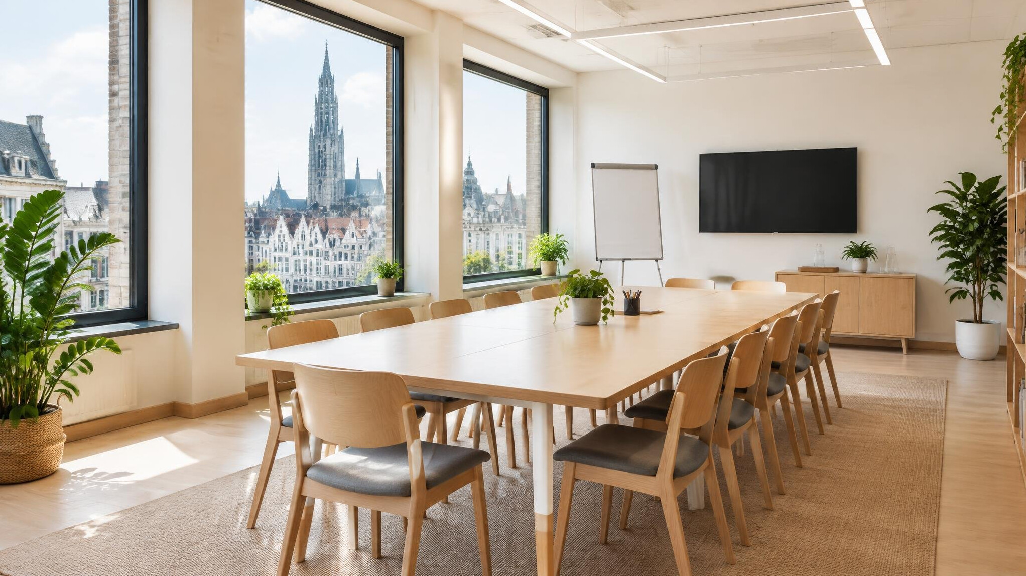 Bright modern training space with large windows and wooden furniture