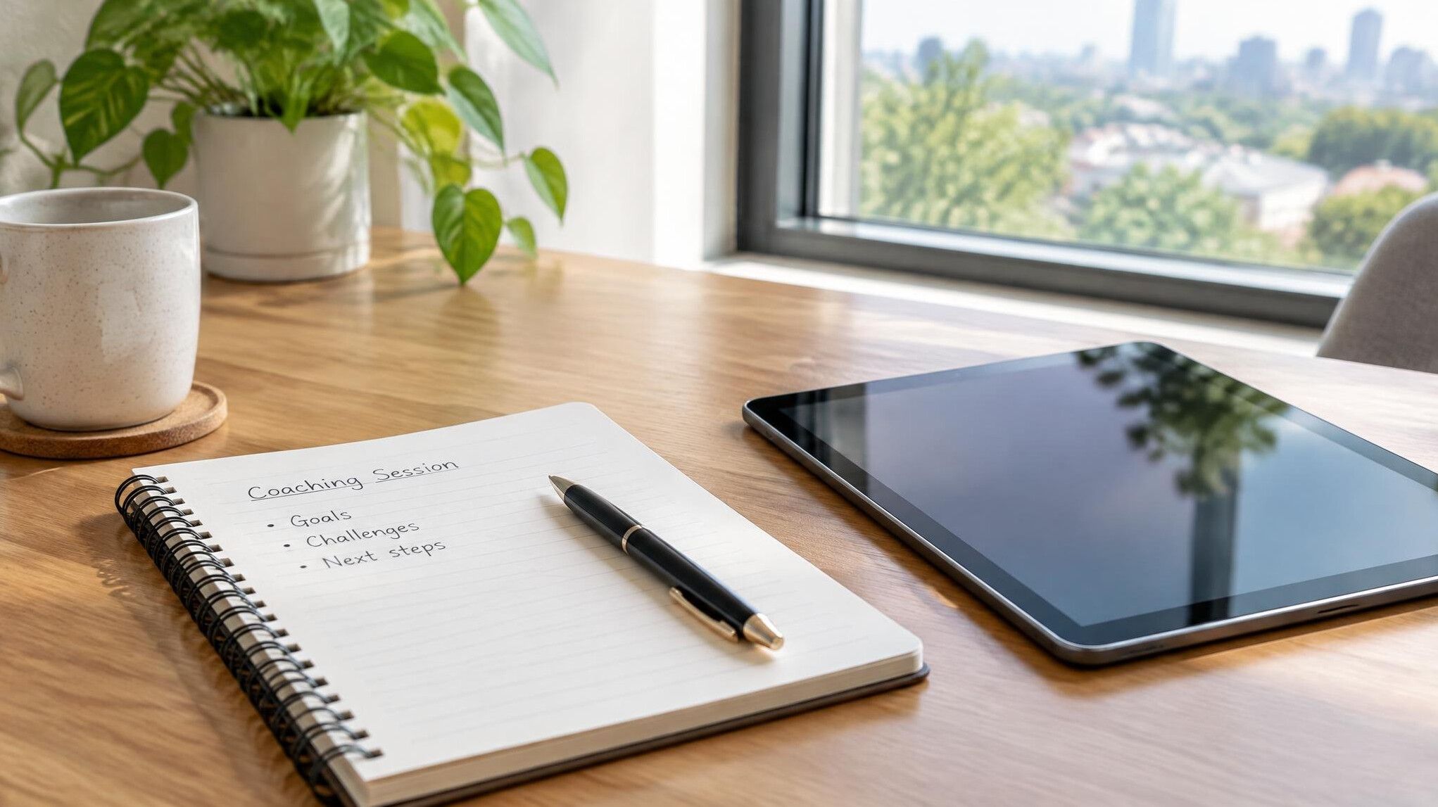 Notebook, pen and tablet on a desk for one-to-one coaching