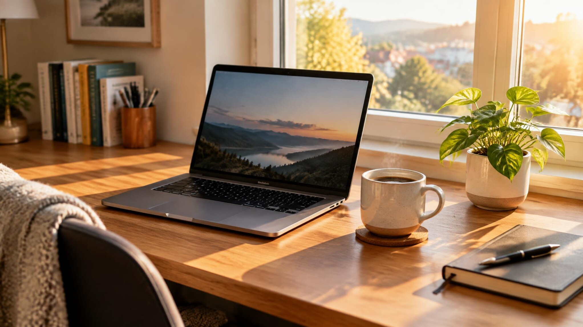 Home office desk with laptop and coffee near a window