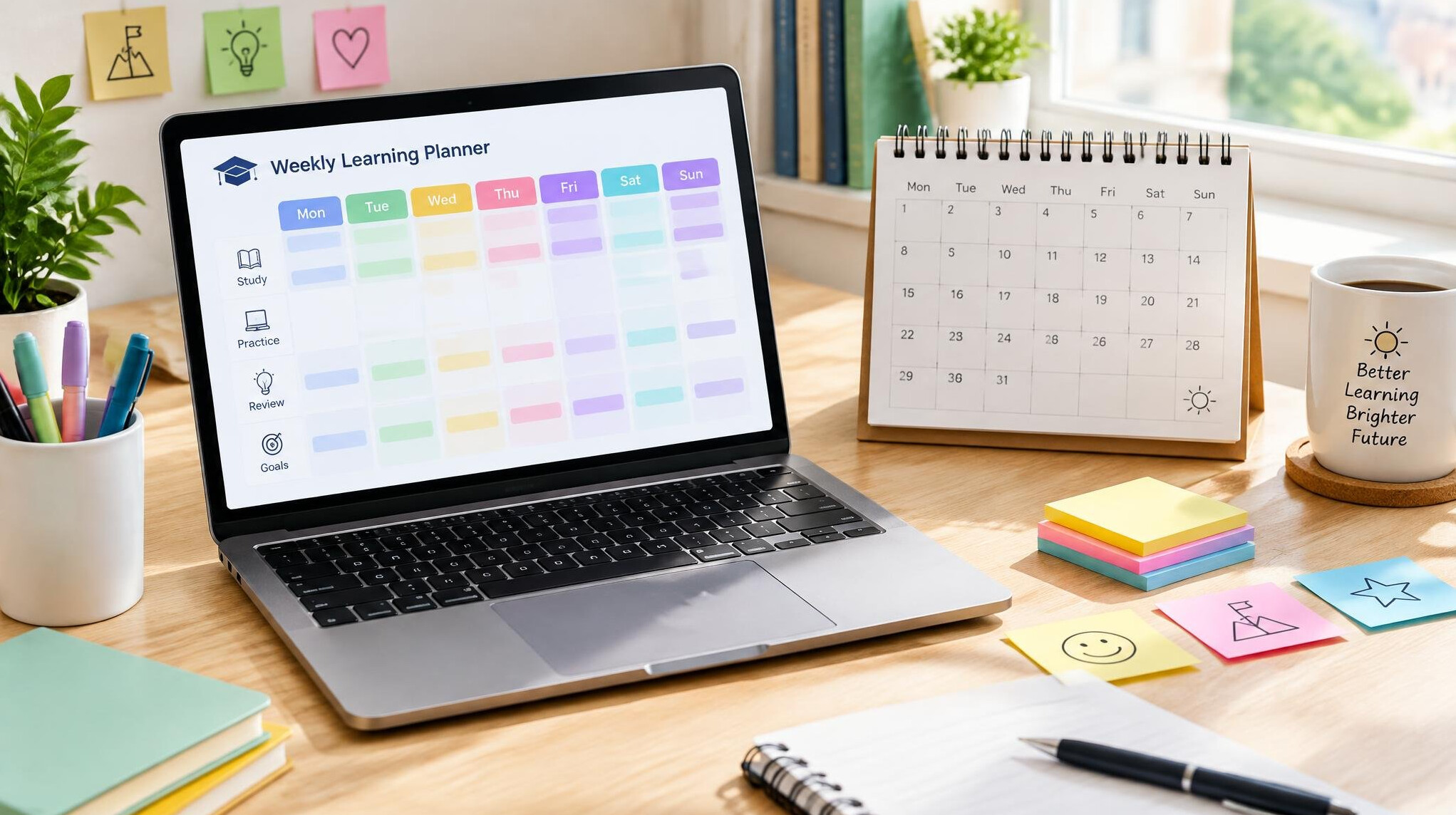 Laptop with a weekly planner and hands working on it