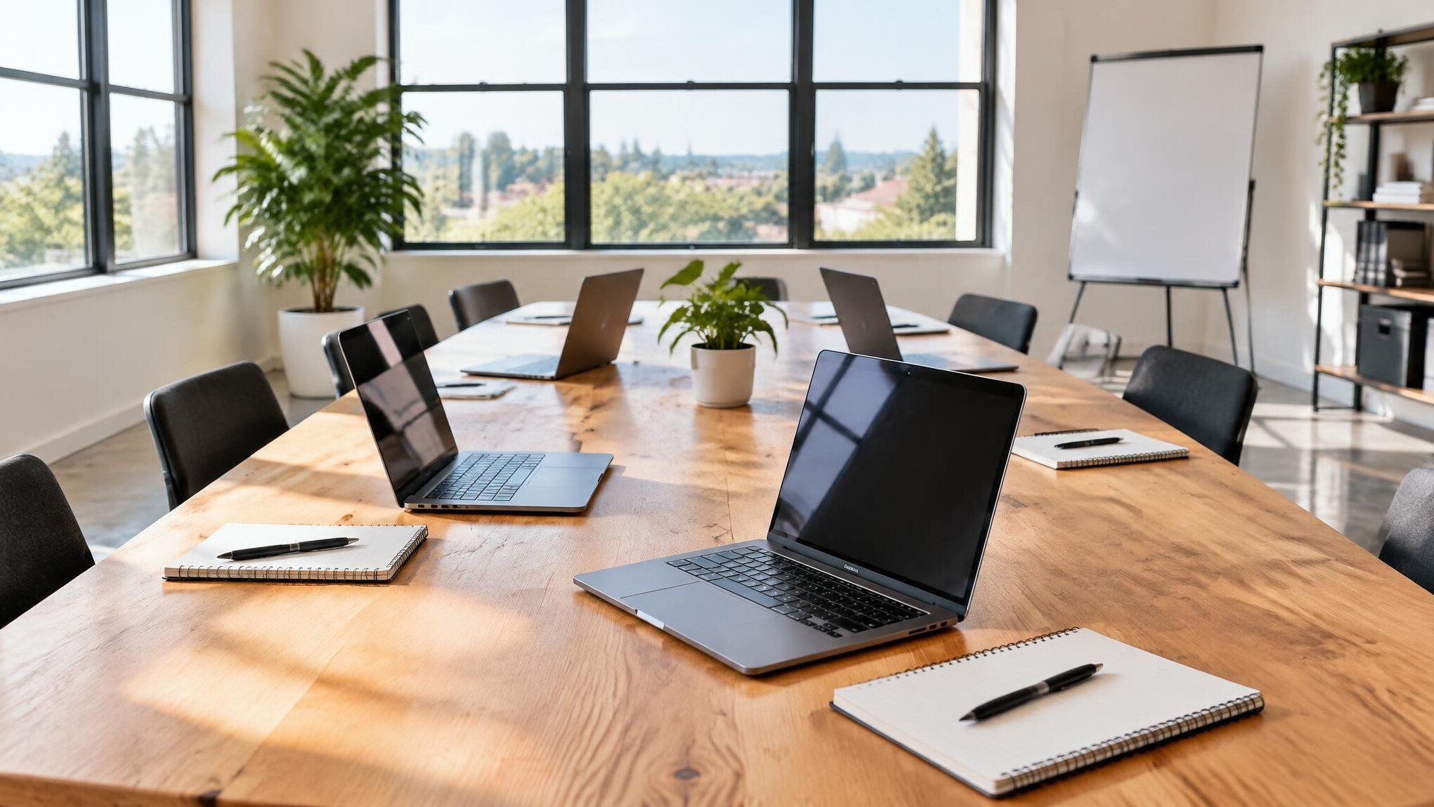 Bright workshop room with laptops arranged on a long table